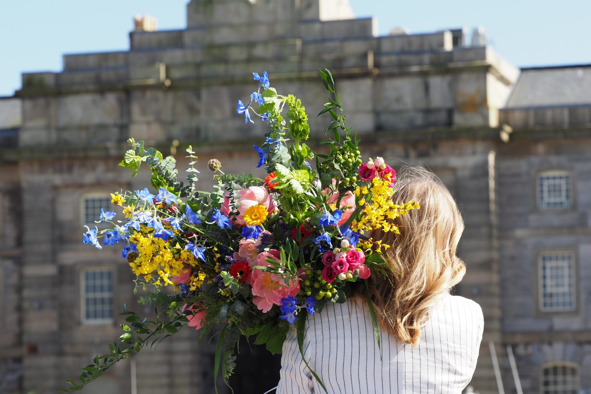 a bright and vibrant colourful floral bouquet containing electric blue delphiniums, scented coral peonies, yellow forsythia and complimenting rich coloured flowers and foliage. 